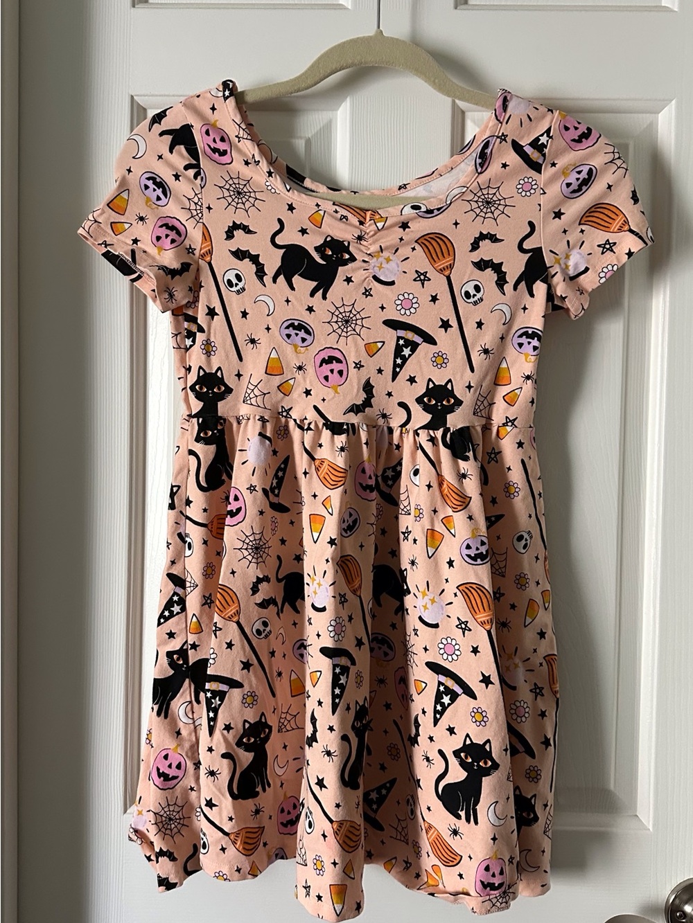 fabkids Peach-Pink Halloween Cat Print Everyday Dress
